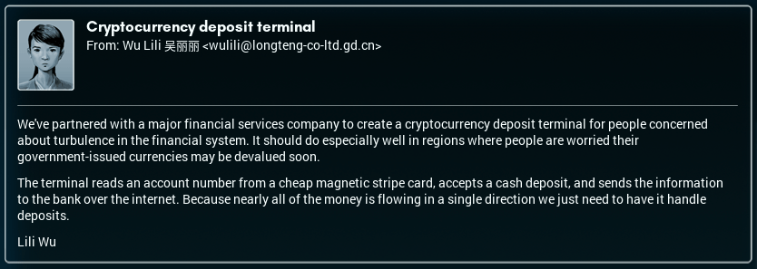 SHENZHEN I/O Part 48 Assignment 22 Cryptocurrency Deposit Terminal